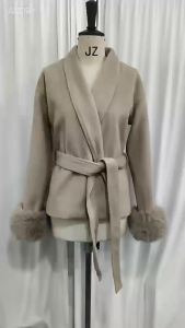 Elegant Lace Up Woolen Short Coat Solid Lapel Fur Cuffs Belt Long Sleeve Jacket Female 2026 Autumn Winter Lady Chic Cardigan