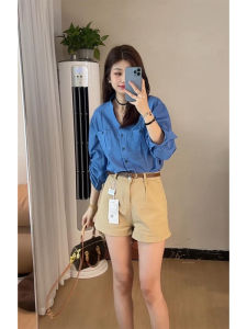 YUEZHONGWEI | เสื้อเชิ้ตแขนยาวทรงหลวมสำหรับผู้หญิงในช่วงฤดูร้อน สไตล์เกาหลี ผ้าฝ้ายผสมโพลีเอสเตอร์ สีฟ้า เสื้อคลุมกันแดดบาง