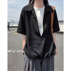 ZHUOCAN | V-Neck False Two-Piece Short Sleeve Linen Shirt