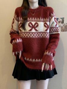 Christmas New Year Atmosphere Knitted Sweater Womens Autumn Winter Loose Fit Korean Style Long Sleeve round Neck Top