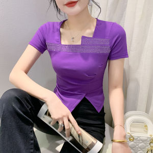 Yimei Áo thun kim cương nổi bật thời trang mới nhất 2024 áo tay ngắn nữ thiết kế bất thường mùa hè ôm vừa