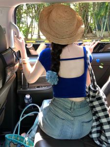 Blue Pure Desire Dopaamine V-neck Short Sleeve T-shirt Women Summer Spicy Girl Slim Fit BM Style Hollow out Beautiful Back Short Top