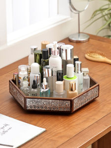 Retro Rotating Solid Wood Cosmetic Storage Box Tray Entrance Kitchen Living Room Multi-Function Desktop Shelf Organizer