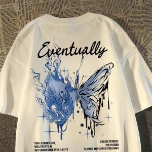 100% Pure Cotton round Neck American High Street INS Short Sleeve T-Shirt Summer Ghost Butterfly Trendy Loose Handsome Semi-Sleeve Shirt