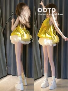 PEIZIXUAN | Dopamine Style Bowknot Yellow Summer Dress
