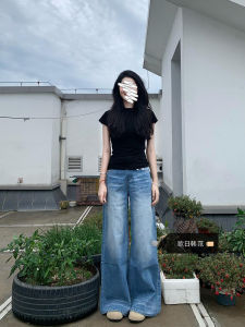 กางเกงยีนส์ทรงหลวมขาตรงสีน้ำเงินคลาสสิกสำหรับผู้หญิง ฤดูใบไม้ร่วง/ฤดูหนาว กางเกงขายาวทรงหลวม กางเกงยีนส์ทรงหลวมสไตล์อเมริกัน