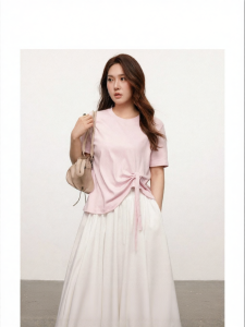 Elastic Cotton Knit Skin-Friendly Bow Hem T-Shirt