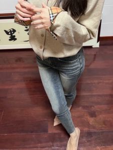 American Style Fleece Lined Slim Fit Jeans Womens High Waist Warm Cement Grey Bootcut Pants Autumn Winter Denim Trousers