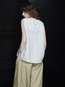 White Moment Linen Sleeveless Vest Womens Summer 2024 Loose Design Trendy Outerwear Button Detail Street Style Pure Color