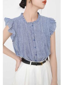 French Style Flying Sleeves Shirt for Women 2024 Summer Stylish Niche Style Pleated Retro Blue Gingham Chic Tops Trendy