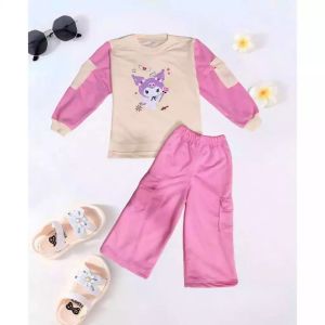 Set Anak Perempuan Setelan Kuromi Celana Cargo Anak Cewek Usia 1-12 Tahun