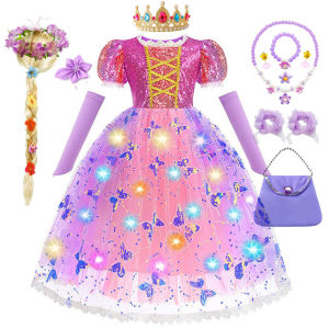 Princess Long Hair Glowing Skirt for Girls Rapunzel Performance Short Sleeve High Waist Polyester Fairy Tale Costume Dress