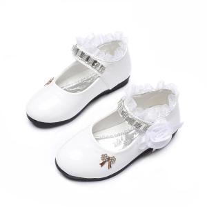 2021 New Flower Girls Shoes: Rhinestone Bowknot & Cute Princess Lace PU Leather Shoes