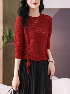 Womens Short Sleeveless T-shirt Knitted Hollow out Long Sleeve Drawstring Base Shirt Early Spring Fashion 2025 New Style for Skirts