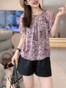 Summer Fashion French Pleat Design Floral Shirt Women High Waist Loose Slimming Wide Leg Shorts Two Piece Set Polyester Fiber