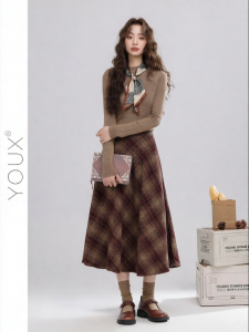YOUXIANG | Chân Váy Caro Nâu Tweed Phong Cách Học Đường Cổ Điển
