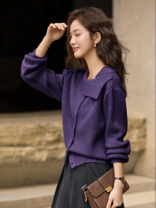 Vimly | Áo Sweater Len Dệt Kim Mỏng Màu Tím Cổ Xéo Phong Cách Hàn Quốc