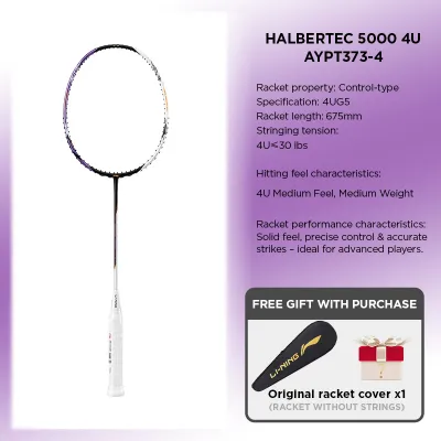 LI-NING HALBERTEC 5000 (4U) Series Badminton Racquet – High-Composite Density Shock-Absorbing System (Single Racquet Unstrung) High-Rigidity Carbon Fiber Weight 80-85 Grams Maximum String Tension: 30 lbs Model AYPT373