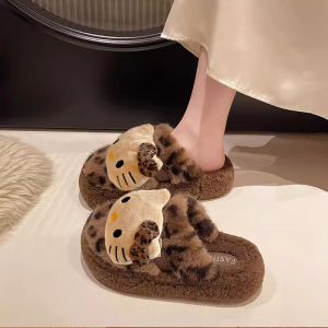 รองเท้าแตะขนสัตว์ลายเสือดาวสำหรับผู้หญิงในบ้านฤดูหนาว รองเท้าแตะแบบสวมหัว พื้นหนา รองเท้าแตะผ้าฝ้าย รองเท้าแตะส้นแบน พื้นรองเท้า PVC