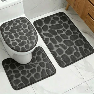 1 Set of Solid Color Simple Bathroom Water-absorbing and Non-slip Floor Mat Stone Pattern Comfortable and Soft Three-piece Set