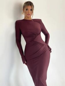 Slim Fit Hip Wrap Dress round Neck Angular Shoulder Bell Sleeve Pleated Womens Dress High Waist Long Sleeve Maxi Dress