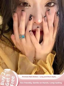 MONLEYTA | Handmade Nail Art Stickers Short Length Autumn Winter Collection Fashionable French Black Edge Chessboard Pattern Nail Tips