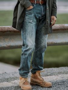 กางเกงยีนส์ทรงตรงสไตล์ย้อนยุคแบบอเมริกันสำหรับผู้ชาย กางเกงขายาวทรงหลวมสบาย ๆ สำหรับฤดูใบไม้ผลิและฤดูใบไม้ร่วง