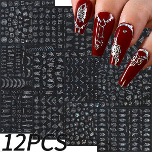 12pcs 3D Rose Gold French Flower/Line Nail Stickers Retro Bronzing Floral Self-Adhesive Nail Decals Luxurious DIY Manicure Decor