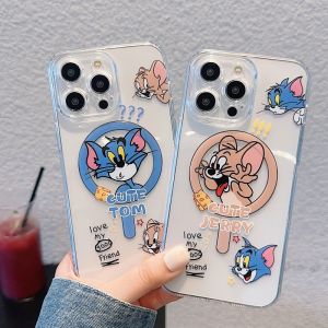 CrashStar MagSafe Cartoon Cute Silicone Soft Clear Phone Case For iPhone 15 14 Pro Plus 13 12 11 Pro Max Wireless Charging Phone Casing Couple Transparent Phone Cover With Full Cover Lens Camera Protection