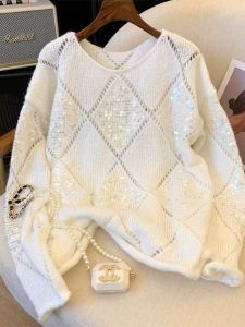 Elegant Oversized Glitter Sweater Womens Spring 2025 Fashion Lazy Style Knitted Pullover Sweet Style round Neck Regular Length