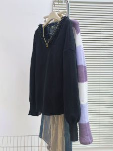 QINGNAER | Black V-Neck Lace Loose Sweater