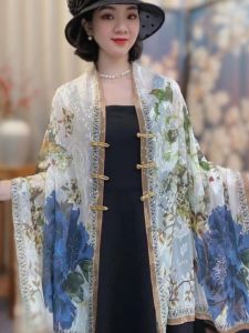 Summer 2026 New Fashionable Chinese Style Floral Cutout Shawl Womens Versatile Travel Photography Silk Scarf with Button