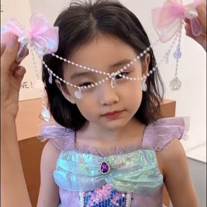 O-New 3pcs Childrens Mermaid Pearl Hairpin Ear Hanging Set Bow Knot Girl Princess Headdress Hair Accessories