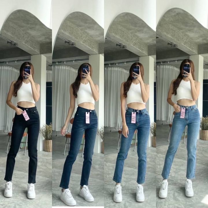 🇰🇷🇰🇷กางเกงยีนส์ทรงบอยสลิมผ้ายืดขาไม่รัดใส่สบาย | Lazada.co.th