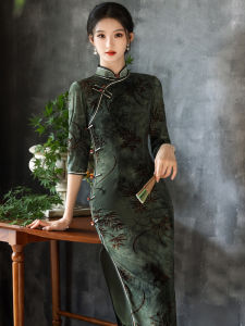 Vibrant Velvet Long Sleeve Dyed Flocking Qipao Young Style Retro Chinese New Version High Collar Dress for Young Girls