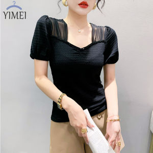 YIMEI Áo Thun Cổ Vuông Lưới Kiểu Pháp Áo Nữ Thiết Kế 2023 Mùa Hè Hợp Thời Trang Mới Áo Thun Nữ Đơn Giản