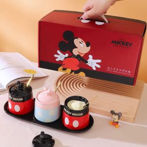 Disney Mickey Seasoning Box Ceramic Seasoning Pot Set Salt Pot With Spoon Seasoning Pot Kitchen Household Cartoon Seasoning Box