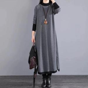 ล้างสต๊อกเก็บปลายทางสเว็ตเตอร์ถักเพิ่มความหนาบุขนเดรสยาวคลุมเข่าเดรสตัวในกันหนาวทรงหลวมแบบลำลองไซส์ใหญ่