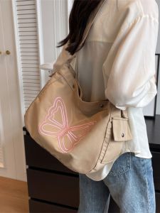 Túi Tote Vải Canvas Dung Tích Lớn Thời Trang Cho Nữ 2023 Túi Đeo Chéo Thêu Bướm Mới Cho Sinh Viên Đại Học Túi Vải Thay Thế