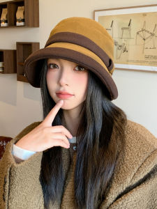 Elegant Patchwork Fisherman Hat Womens Shopping Street Style Bowler Hat Autumn Winter round Top Wide Brim Geometric Block Pattern