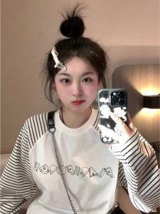 Loose Oversize Floral Print Long Sleeve T-Shirt Womens Shoulder Insert Casual Style Korean College Fashion Top