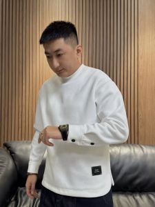 Mens Fleece Lined Thickened round Neck Sweatshirt Pure Color Buttoned Casual Warmth Fall Winter Bottom Split Comfortable Base Shirt