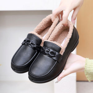 Winter Womens Fleece Lined Slip-On Loafers Work Shoes Black Fashionable All-Match Leather Surface round Toe Flat Heel Rubber Sole