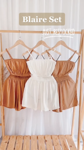 DNEMNLPH Blaire Set: Trendy Korean Inspired Fashion Coordinates Garter Terno Top Shorts Printed Womens Clothing High Quality With Neutral Colors Stretchable Freesize For Girls Ladies Women Casual Summer Outfit Linen Fabric Beach