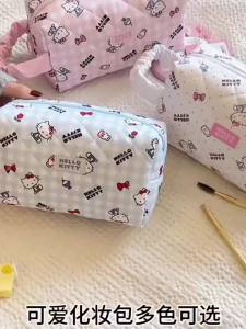 Sanrio | Soft and cute plaid Hello Kitty quilted pillow makeup bag toiletry bag large-capacity storage bag pleated portable travel mak