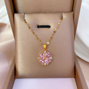 Titanium Steel Feminine Necklace with Pink Diamond for Women Chrysanthemum Pattern Dainty Clavicle Chain Fashion Accessory