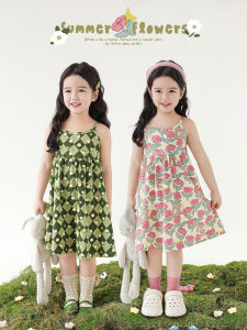 Váy Mùa Hè Cho Bé Gái in Hoa Thoáng Khí Rộng Rãi Chữ a Váy Dây Cho Bé Gái Váy Cotton Thoải Mái Thường Ngày Mùa Hè