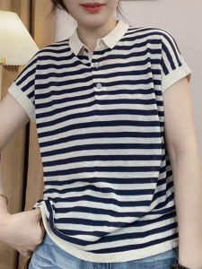 UYFY | Black White Striped Polo Neck Short Sleeve T-Shirt Womens Stylish Ageless Top For Summer 2025 High Fashion Sensation