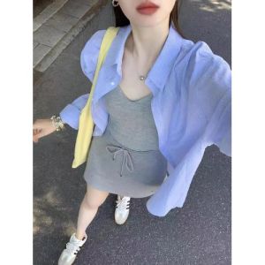 Blue Striped Casual Vacation Long Sleeve Shirt Womens Loose Korean Style Air Conditioned Top Cotton Polo Collar Button up