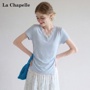 La Chapelle | Lace Splicing Wrinkle Design V-Neck Split Slim Fit Short Sleeve T-Shirt